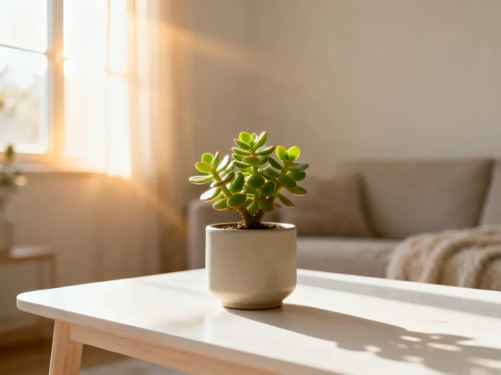 Drzewko szczęścia (Crassula ovata) w minimalistycznej doniczce, ustawione na jasnym drewnianym stole w słonecznym salonie.