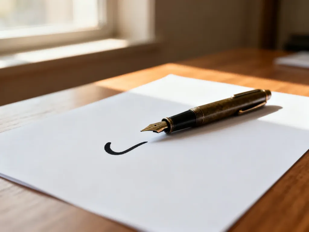 Znak przecinka zapisany czarnym atramentem na białej kartce papieru obok pióra wiecznego.