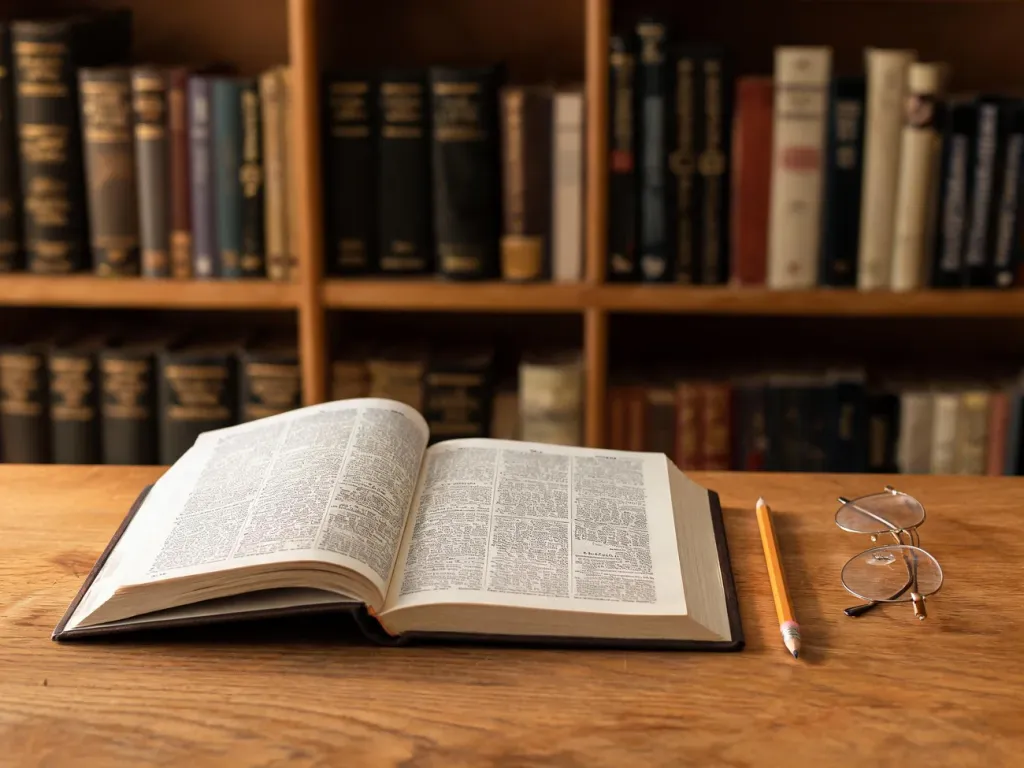 Otwarty słownik na biurku w bibliotece, obok ołówek i okulary, symbol uważnego sprawdzania poprawnej pisowni słów.