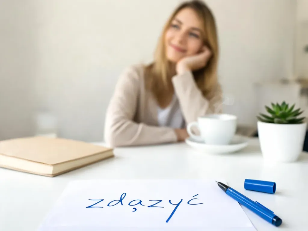Kobieta przy biurku zastanawia się nad poprawną pisownią „zdążyć”, kartka z wyrazem leży obok długopisu i notesu.