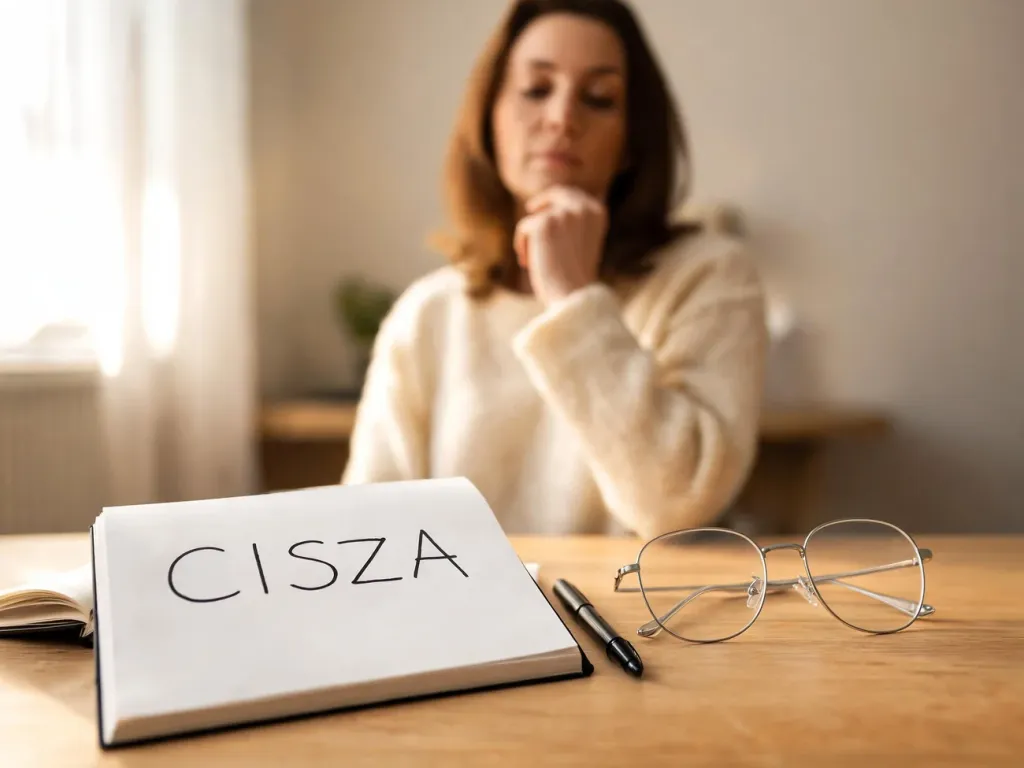 Kobieta przy biurku zastanawia się nad poprawną pisownią polskiego słowa w notesie, przy ciepłym, domowym oświetleniu.