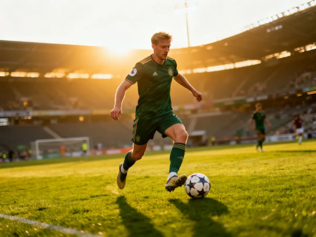 Piłkarz prowadzący piłkę na murawie stadionu podczas profesjonalnego meczu w blasku zachodzącego słońca.
