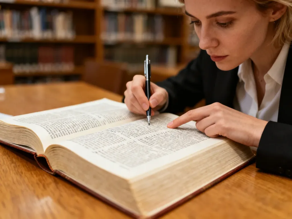 Kobieta z długopisem studiuje gruby słownik językowy przy drewnianym biurku w przytulnej bibliotece.