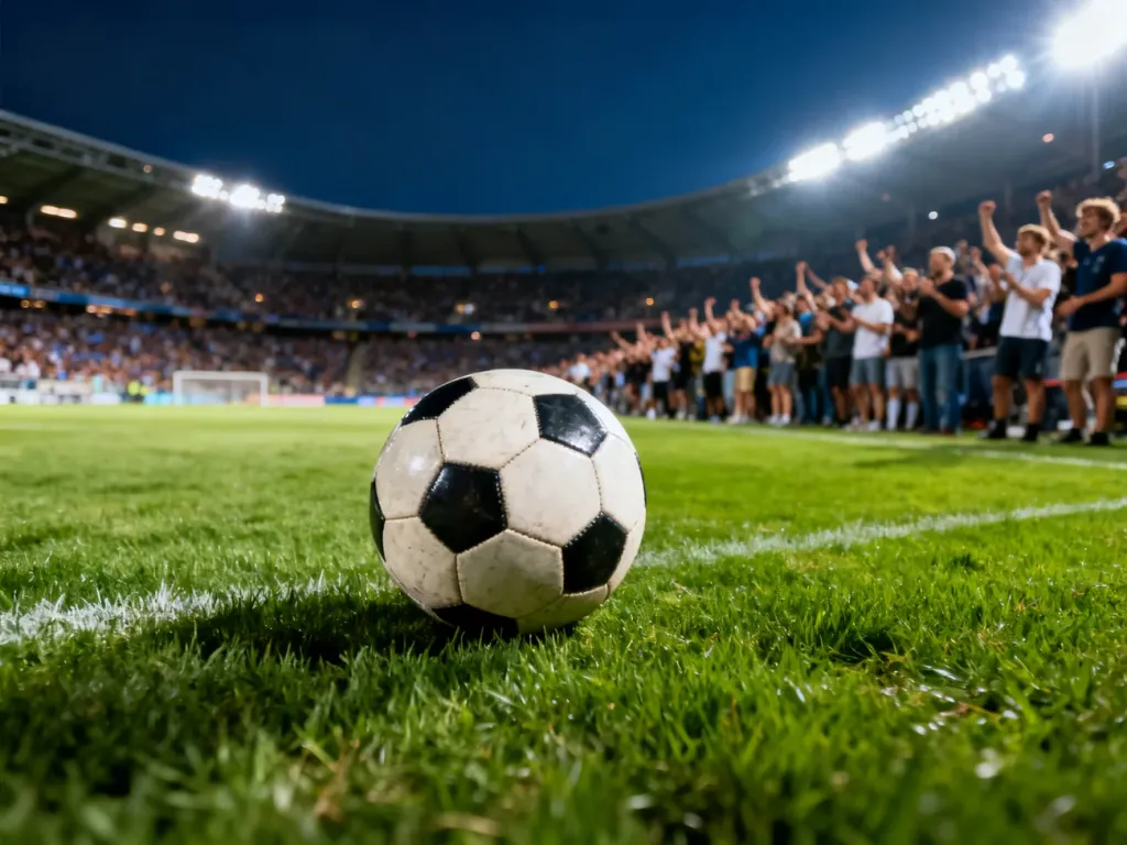 Piłka do gry na murawie oświetlonego stadionu piłkarskiego podczas wieczornego meczu Ligi Konferencji Europy.