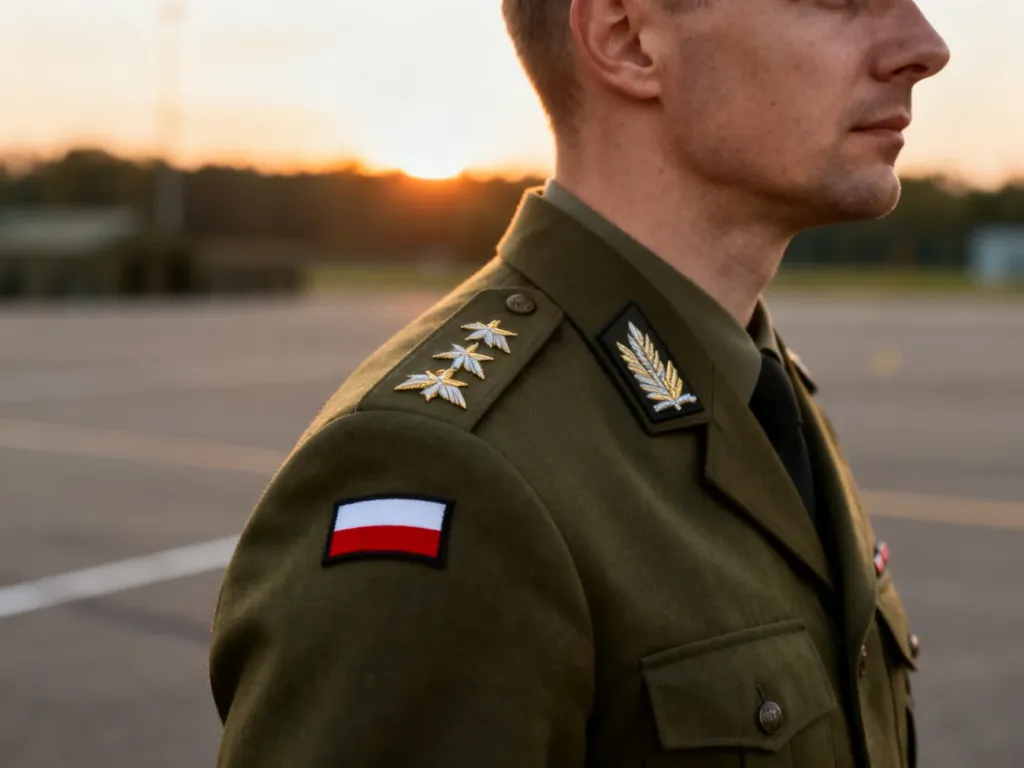 Zbliżenie na naramienne oznaczenia stopnia wojskowego na mundurze żołnierza Wojska Polskiego w scenerii poligonu.